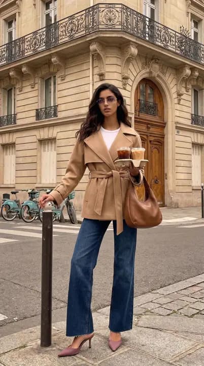 Camel Wrap and Denim - Paris Street Edit